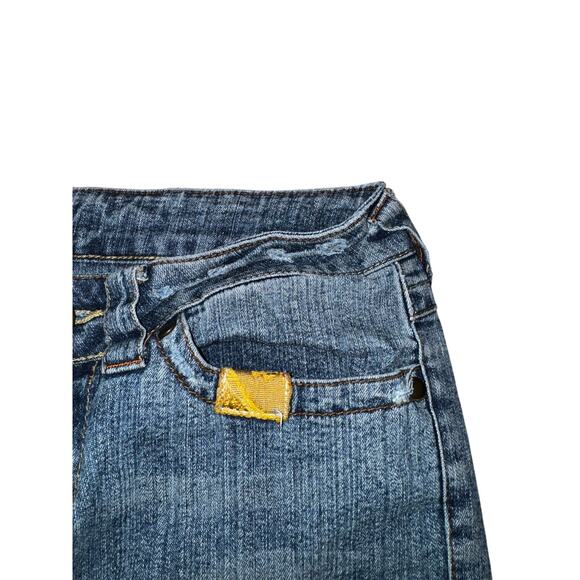 Caché Y2K Patchwork Bootcut Jeans Distressed Tapestry Pocket Denim Size 6 - Picture 7 of 14